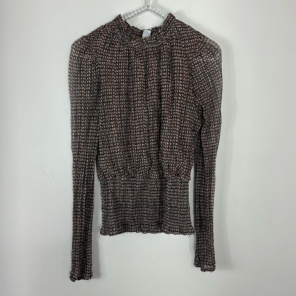 Joie Tan & Black Shimmer Long Sleeve Smocked Top Small - Picture 2 of 7